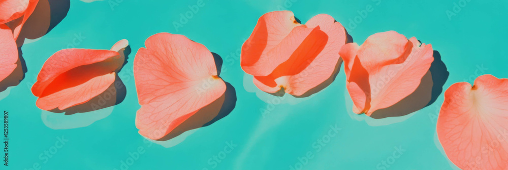 Poster Sakura petals arranged in a circular pattern on vibrant turquoise backdrop