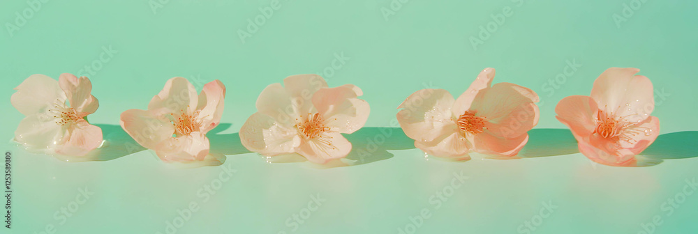 Poster sakura petals arranged artfully on a light green background with soft light