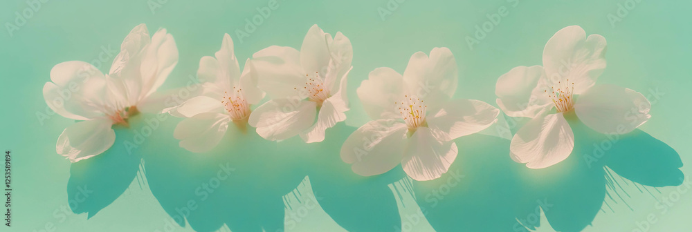 Poster sakura petals elegantly arranged on a light green background for a serene display