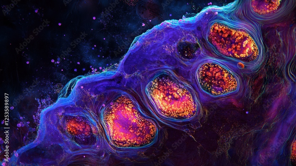 Poster abstract depiction of vibrant cellular structures resembling a cosmic landscape, showcasing intricat