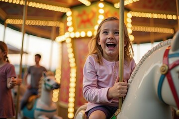 Fototapeta premium Happy Girl Riding Carousel Horse at Fair