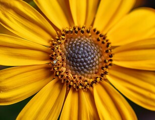 close up view of a yellow daisy flower center displaying detailed petals and pollen for nature photography