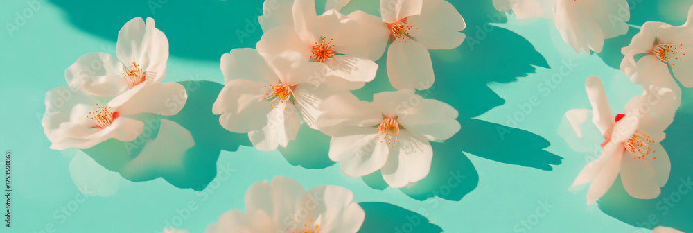 Poster sakura petals gracefully arranged in a wave-like pattern on a bright teal background