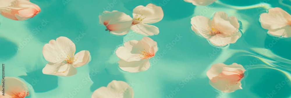 Poster sakura petals create a graceful wave effect on a bright teal surface