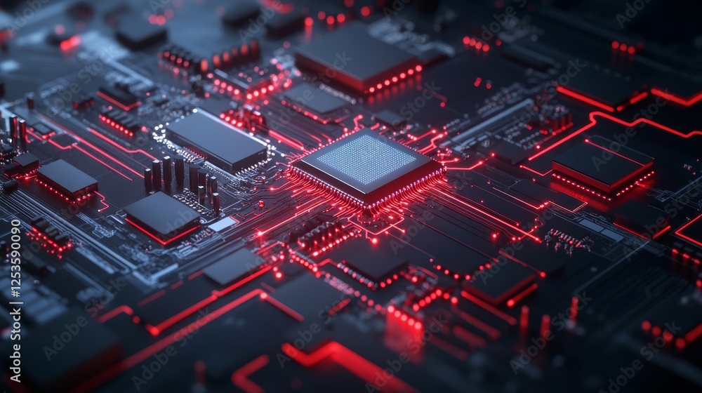 Poster illuminated circuitry, a closeup of computer circuit board with glowing red lights