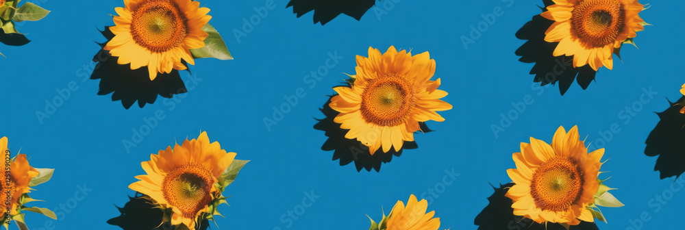 Poster Sunflowers arranged in a random pattern on a vibrant blue background for creative banner use