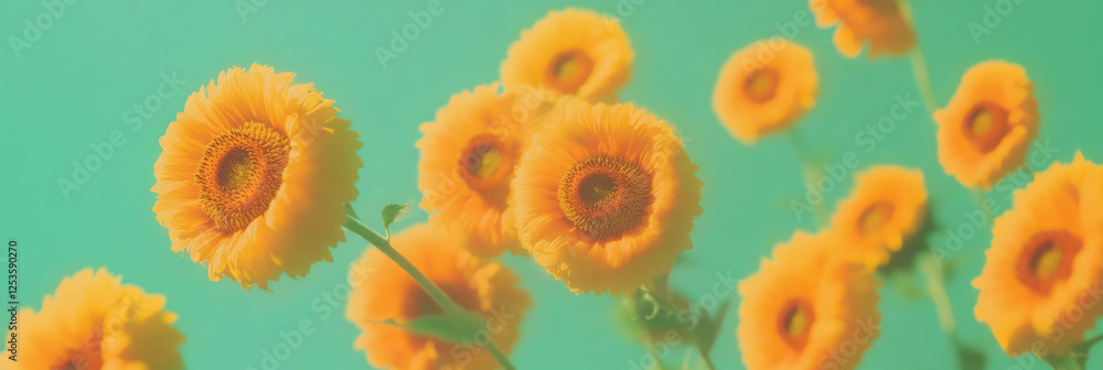 Aufkleber sunflower heads arranged in a spiral pattern on a vibrant lime green background