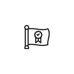 Icon of a flag on a pole. The flag displays a quality seal or badge with a checkmark inside and a ribbon hanging from it. Represents achievement, quality, or a verified status.