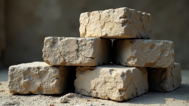 A stack of weathered, light-brown, rectangular blocks showing signs of age and cracking, resting on a sandy surface against a blurred, neutral background.