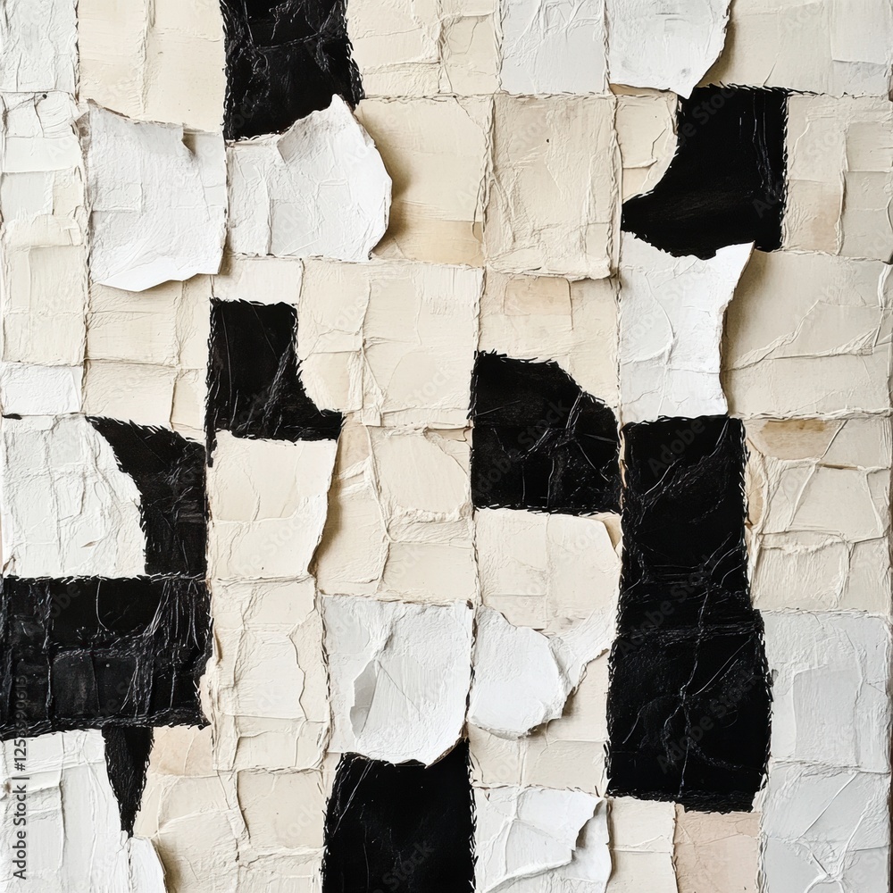 Aufkleber artistic composition featuring textured black and white paper arranged in a striking abstract patter