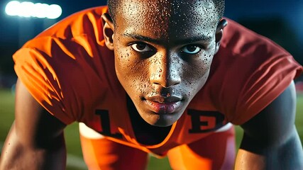 Dynamic African American athlete performing under the bright stadium lights.