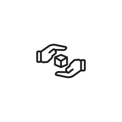Two hands, one above and one below, gently cradling or protecting a 3D cube in the center. Represents care, protection, handling, or presentation of an object.