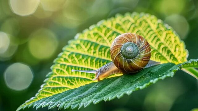 Detailed close-up of a snail slowly crawling on a green leaf, highlighting its textured shell and delicate, natural movement.