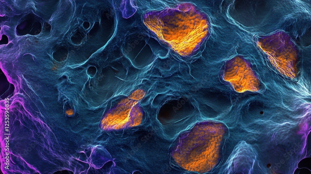 Aufkleber detailed visualization of cellular structures with vivid purple and orange hues, showcasing complex 