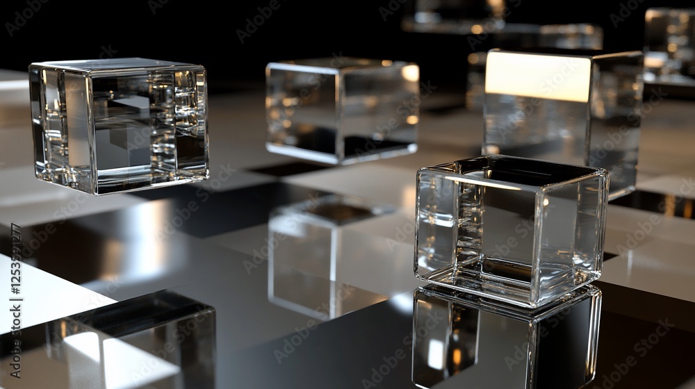 Aufkleber a mesmerizing array of transparent glass cubes arranged on a checkered plane reflecting light