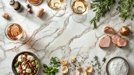 White wine tasting with food pairings on marble
