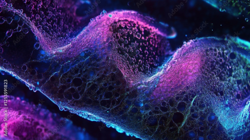 Poster illuminated cellular structures display vibrant colors, showcasing intricate patterns and textures. 