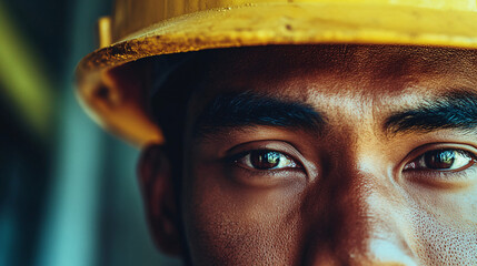 A close-up of a construction worker's eyes under a yellow hard hat, highlighting focus, intensity, and determination

