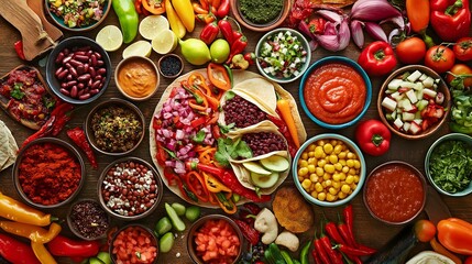 Fototapeta premium Colorful Feast of Mexican Cuisine, Tacos, Salsa and Vibrant Toppings