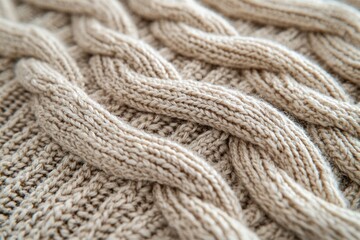 Close-up of beige cable knit sweater texture, ideal for fashion or winter backgrounds