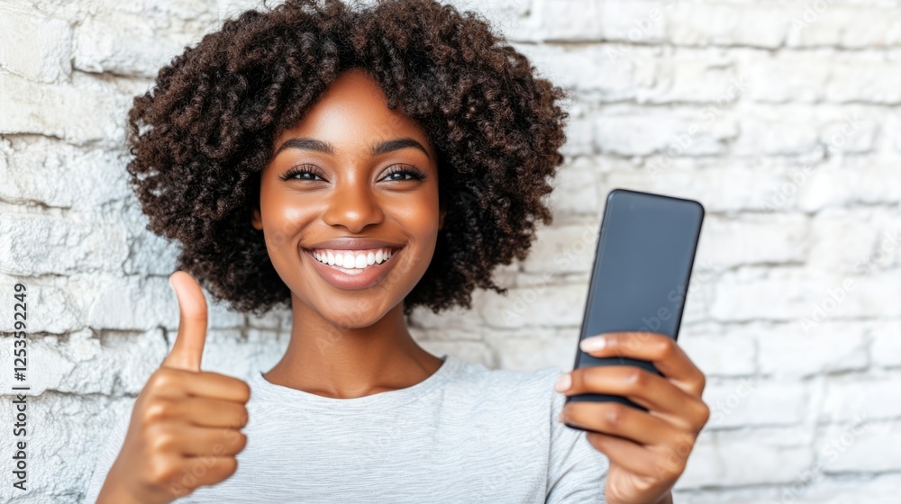 Wall mural A young woman with slightly curly short hair holds a smartphone in one hand and gives a thumbs-up with the other, her confident face radiating a happy smile