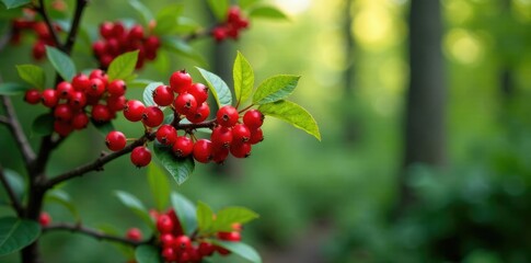 Obraz premium Wild Cotoneaster dammeri with bright red berries, woodland, forest