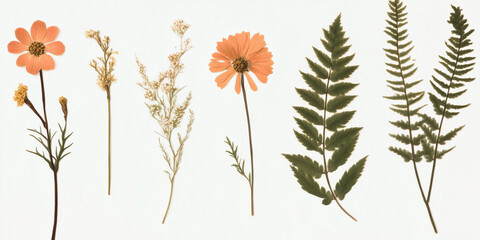 Pressed spring flowers and ferns on a white background