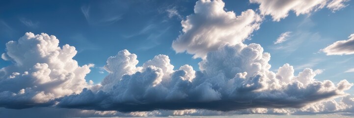 Wide-angle view of a serene blue sky with soft white clouds, horizon, wide-angle view