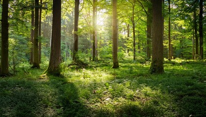 Fototapeta premium bright and inviting forest clearing with sunlight filtering through lush green trees