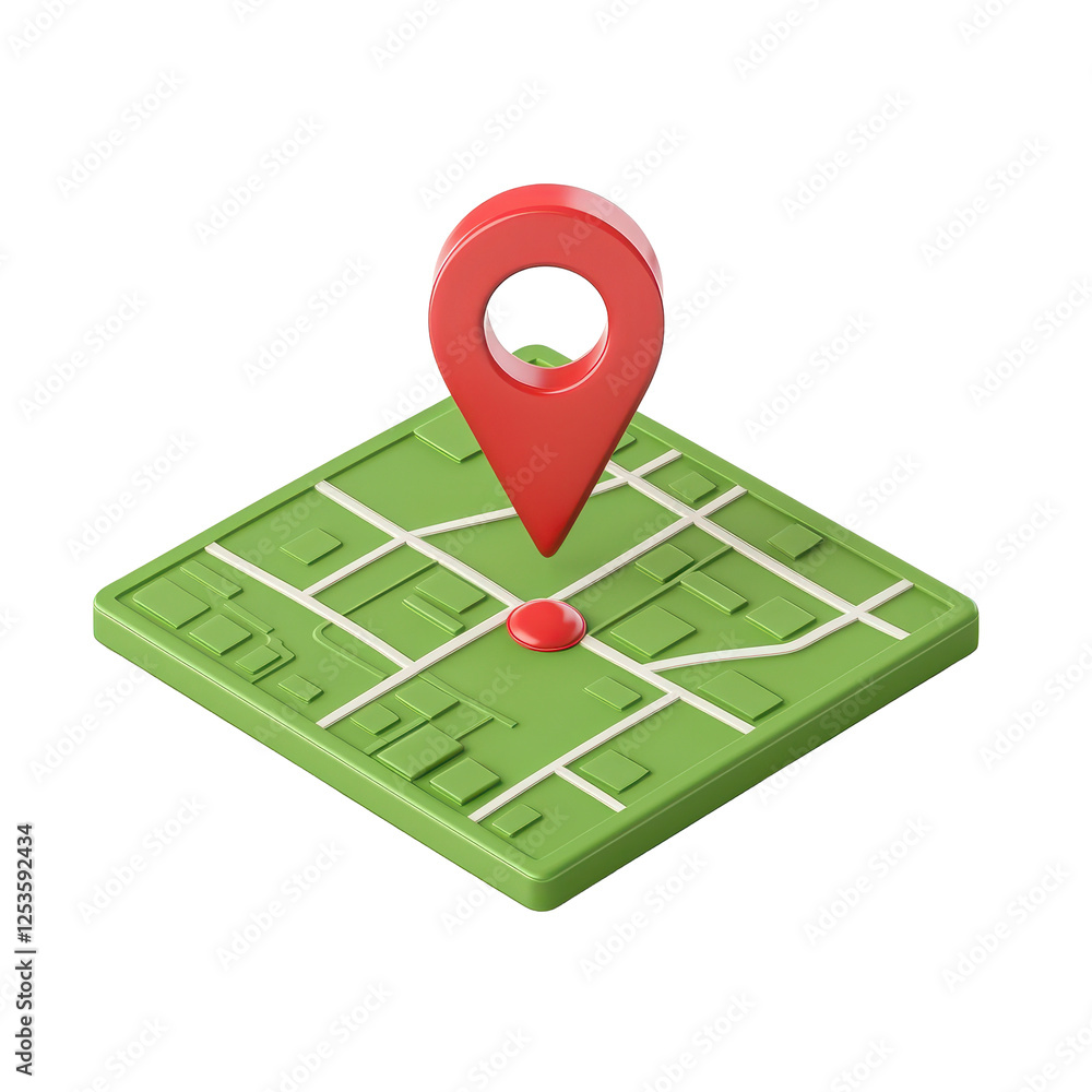 Poster 3d map icon with red location pin on green background