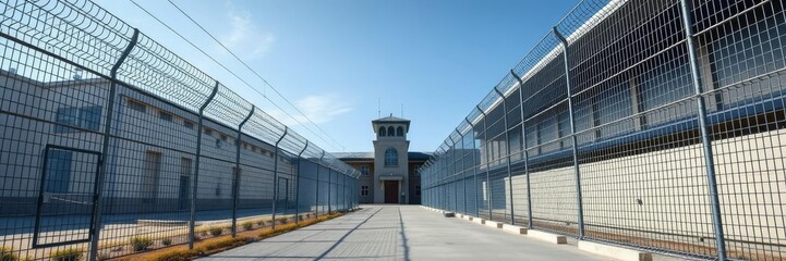 Obraz premium Szerokokątne ujęcie nowoczesnego więzienia z wysokim metalowym płotem otaczającym teren, zamkniętym systemem telewizji przemysłowej, murem obwodowym, radiami i antenami
