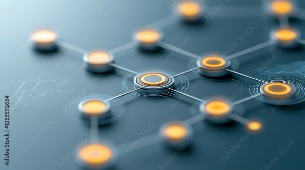 Poster detailed 3d rendering of a molecule with numerous yellow spheres, microscopic visualization for scie