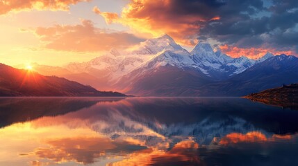 Majestic Sunset Over Snowy Mountain Range Reflected in Calm Lake