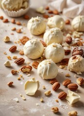 White chocolate truffle on parchment paper with scattered nuts and a few pieces of white chocolate broken off , sweet treats, nuts