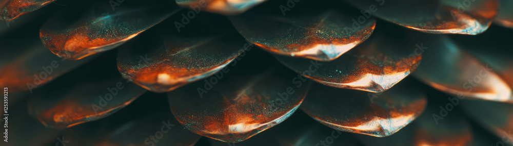 Poster texture of a pine cone highlighting detailed scales and deep shadows against a bright background