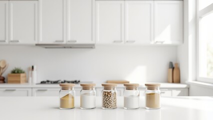 Spice Jar Mockup, Minimalist kitchen with white cabinets and photorealistic glass spice jars in the foreground.