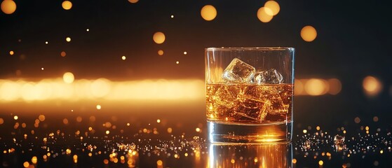 A glass of whiskey with ice and sparkling backdrop.
