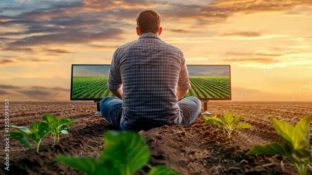 Poster a man sits in a field with monitors displaying crops, symbolizing the fusion of technology and agric