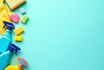 cleaning tools on cyan background