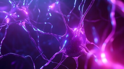 Abstract rendering of neuronal network with glowing interconnected cells and fibers
