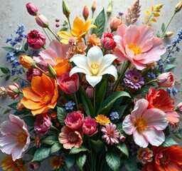 Fototapeta premium Whimsical floral arrangement with loose, organic shapes and colors featuring a small white diya at the center, loose, playful