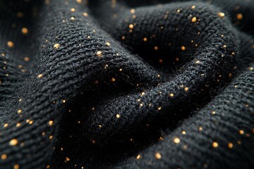 Close-up view of a textured black fabric with golden specks, highlighting its softness and detail
