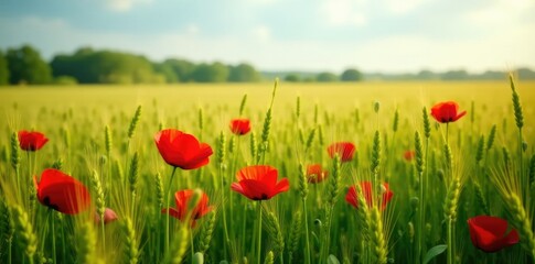 Wheat field with bright red corn poppies in the foreground, green, landscape,