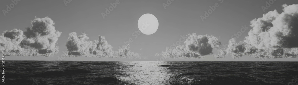 Poster sunset over ocean horizon with colorful clouds in grayscale for a stunning background design