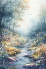 Fototapeta premium Serene landscape with a gentle stream and blooming flowers