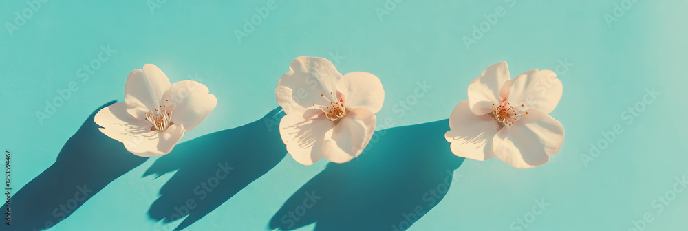 Poster beautiful sakura petals arranged in a triangle on a bright blue background with shadows