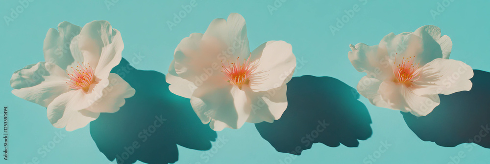 Poster three sakura petals arranged in a triangle on a bright blue background with shadows