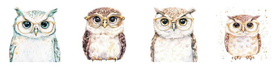 Obraz premium Playful Owl Illustrations with Glasses and Cap in Whimsical Style