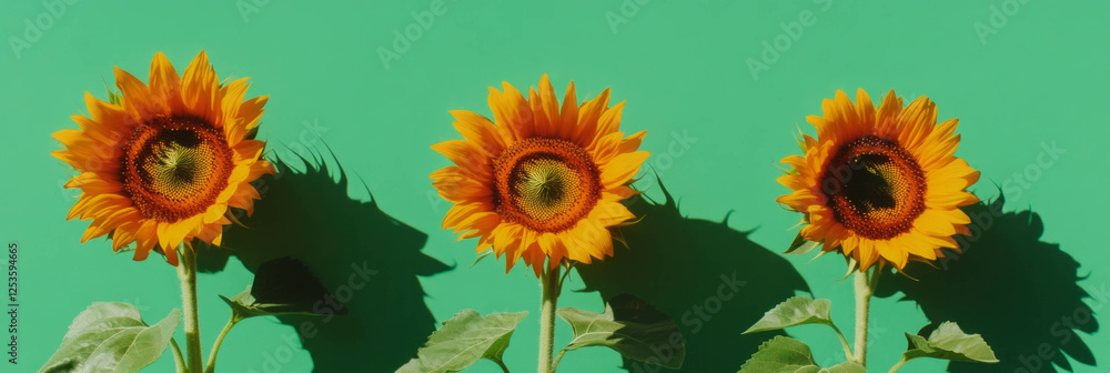 Poster sunflower heads arranged in a triangle on bright green background for vibrant display