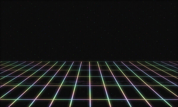 Abstract retro 80s, 90s digital wireframe futuristic landscape style grid with neon noise background.
